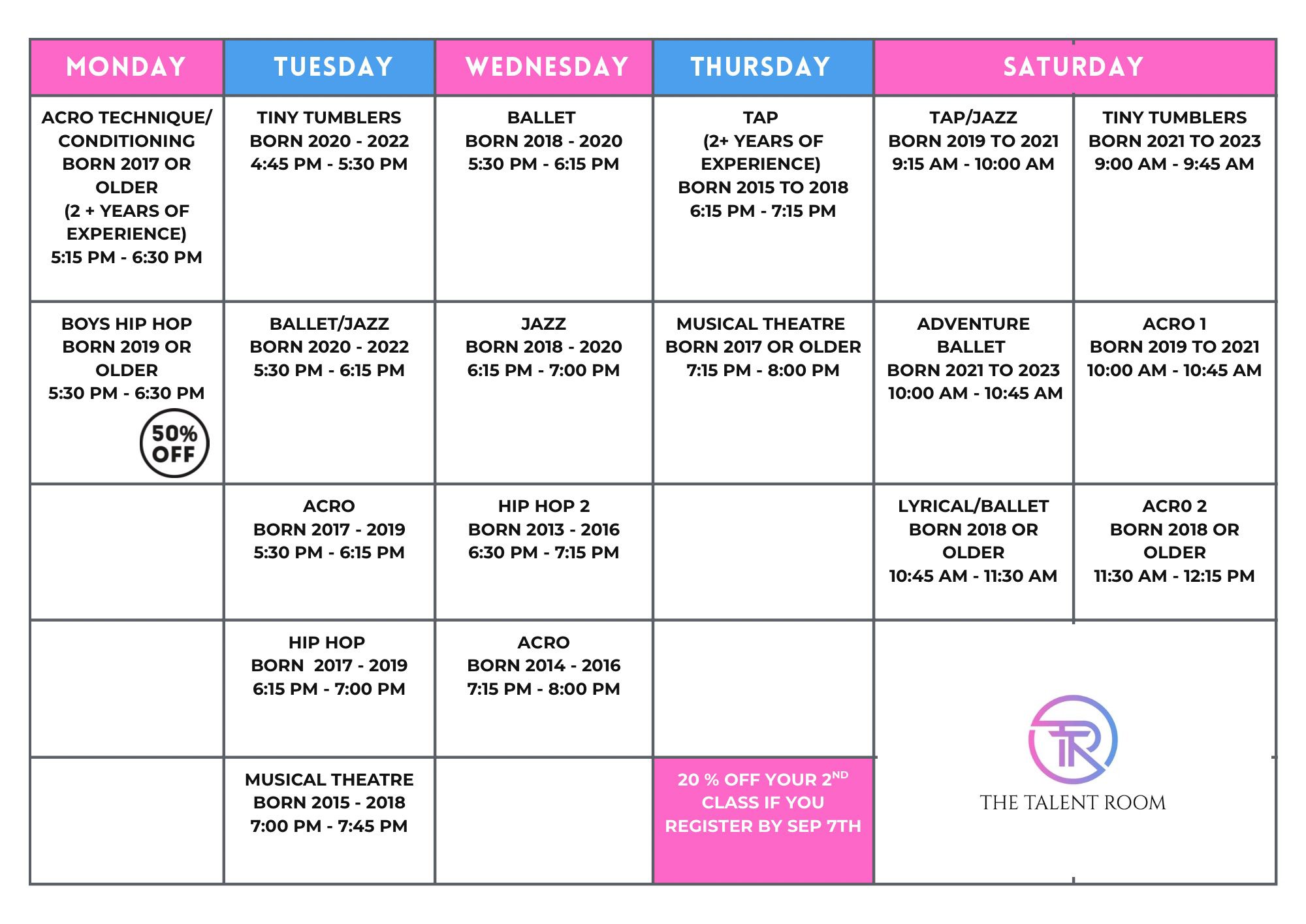 The Talent Room Fall Dance Schedule